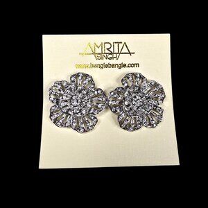 Amrita Singh Women's Silver Plated Crystal Stud Flower Earrings NWT